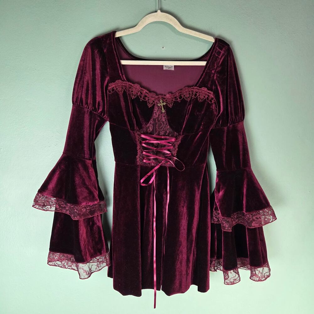 Burgundy Velvet Bell Sleeve Lace Cross Vamp Fairygoth Costume Cosplay Dress M
